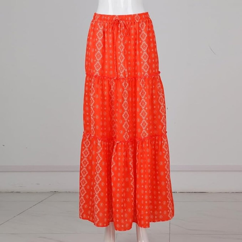 EARKOHA Women's‎ S Boho Tiered High Waist Tie Paisley Floral Print Red Long Maxi